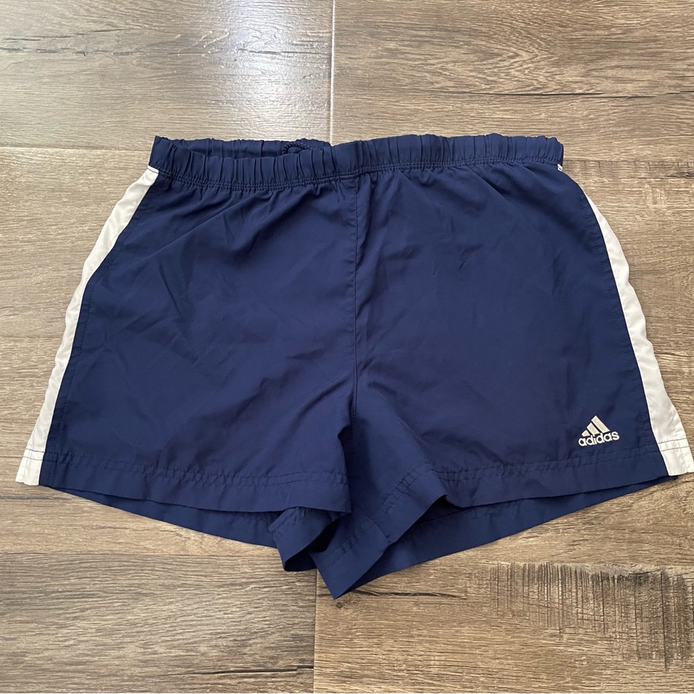 Adidas Navy Blue Track Shorts Navy White Stripe Runner Athletic Workout S